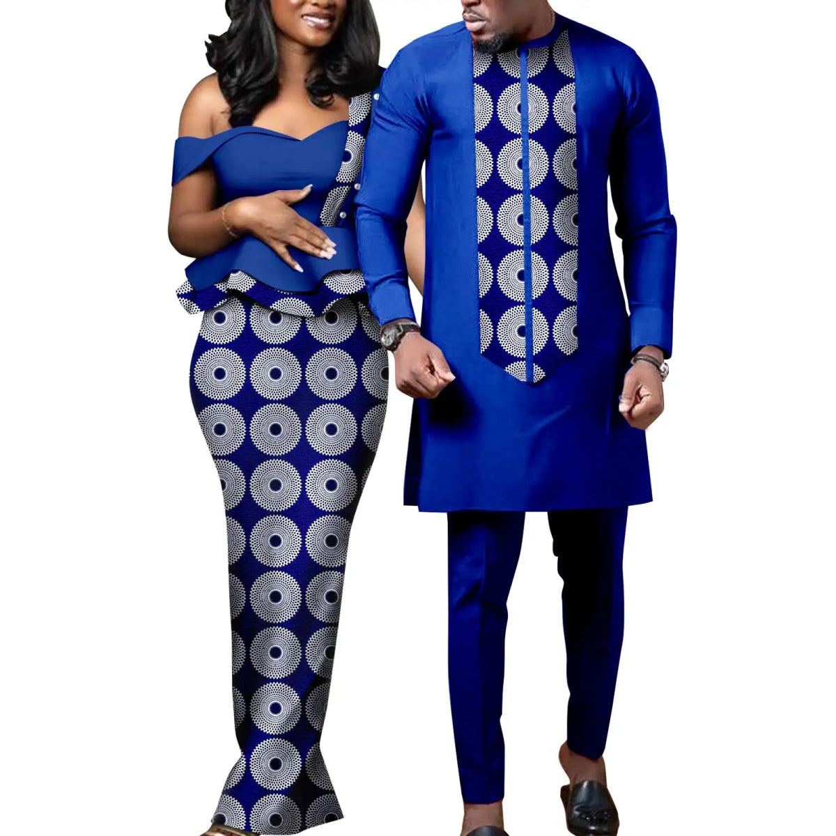 African Wedding Couple Set – Women’s Dashiki Print Dress & Men’s Kaftan Top and Pant Outfit - Free Delivery Worldwide only at Flexi Africa
