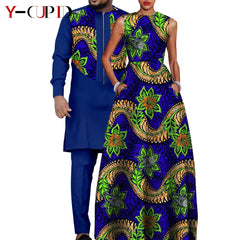 Dashiki Couple Outfit Set – Women’s African Dress with Men’s Bazin Riche Top and Pants for Special Occasions - Free Delivery Worldwide only at Flexi Africa