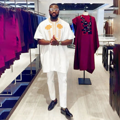 Elegant White African Outfit for Men – Top and Trousers Set for Formal Events - Free Delivery Worldwide only at Flexi Africa