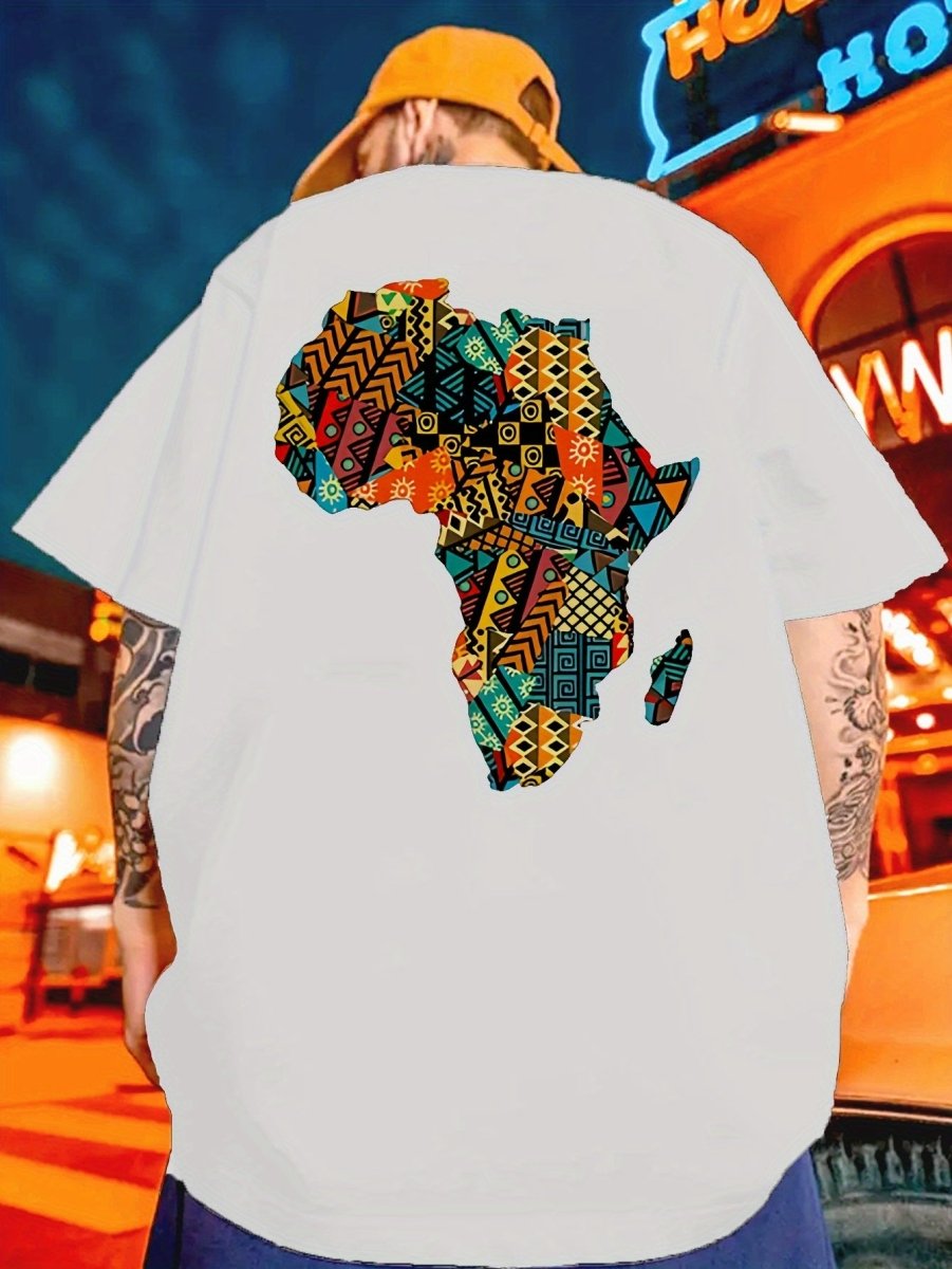 Men's Africa Outline Colorful Geometric Print T-Shirt - Soft 100% Cotton Loose Fit Casual Tee for Gym, Sports & Daily Wear