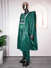 Men's Traditional Bazin Riche Agbada Set – Green Dashiki Robe, Shirt & Pants Formal Attire - Free Delivery Worldwide