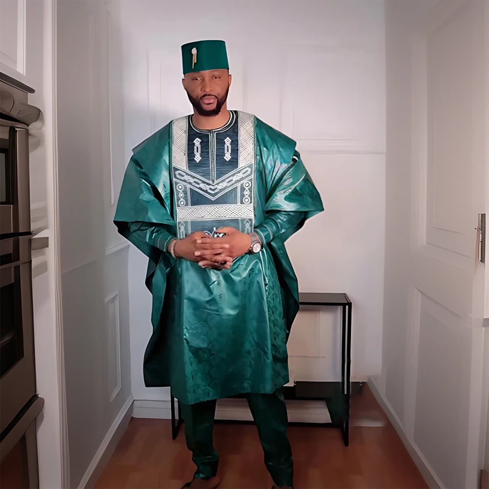Men's Traditional Bazin Riche Agbada Set – Green Dashiki Robe, Shirt & Pants Formal Attire - Free Delivery Worldwide
