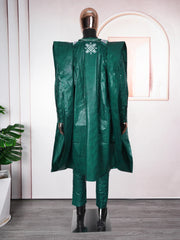Men's Traditional Bazin Riche Agbada Set – Green Dashiki Robe, Shirt & Pants Formal Attire - Free Delivery Worldwide
