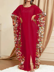 Elegant Floral Print Kaftan Abaya – Women’s Crew Neck Batwing Sleeve Maxi Dress with Side Slit