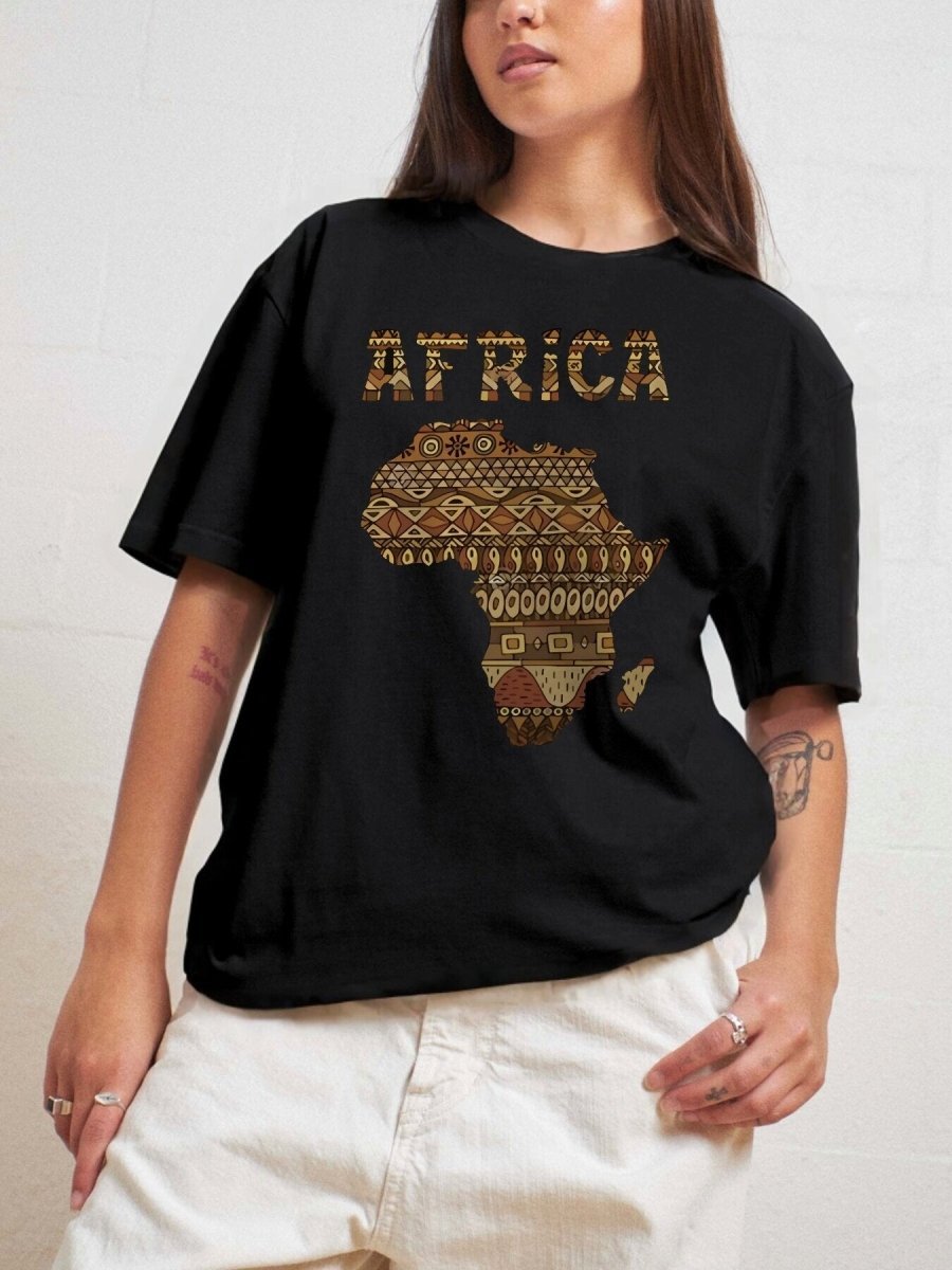 100% Cotton Women's Casual Short Sleeve Top with Africa Map Graphic Print - Round Neck, Comfortable Fit, Classic Design, and Traditional African Patterns - Free Delivery Worldwide only at Flexi Africa