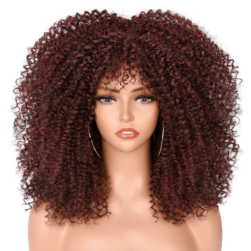 16" Short Kinky Curly Wig with Bangs Natural Synthetic Afro Hair for Black Women - Flexi Africa - Free Delivery Worldwide