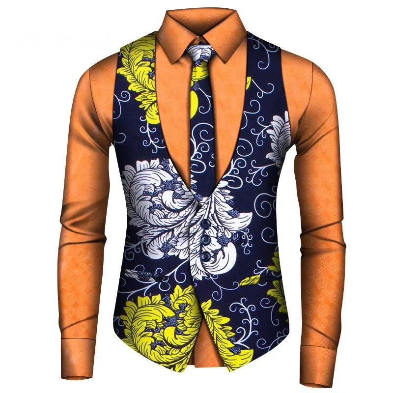 2024 New African Style Vest Men Africa Print Formal Business Casual Slim Vests Shirts Tie Set Men Prom Wedding Party Waistcoa - Free Delivery Worldwide only at Flexi Africa