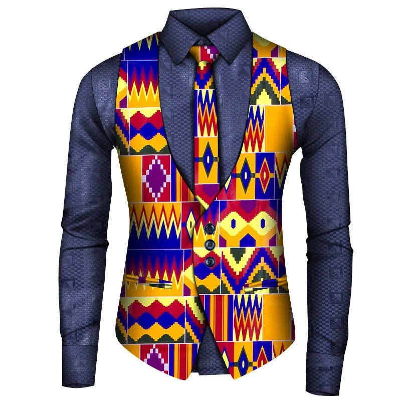 2024 New African Style Vest Men Africa Print Formal Business Casual Slim Vests Shirts Tie Set Men Prom Wedding Party Waistcoa - Free Delivery Worldwide only at Flexi Africa