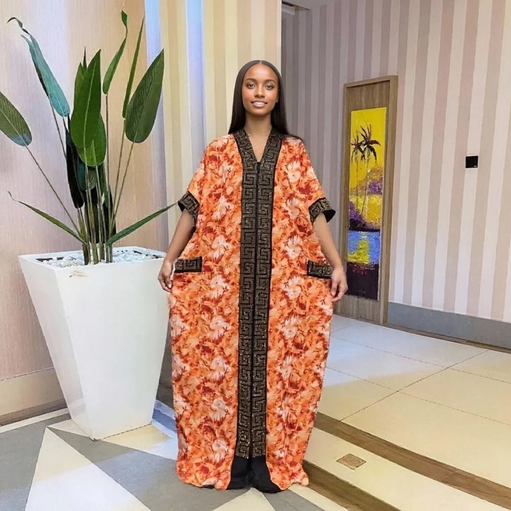 2025 New Fashion Middle Eastern Bubu Hot - Selling Diamond - Studded Loose Muslim African Summer Printed Women's Dress with Side Pockets - Free Delivery Worldwide only at Flexi Africa