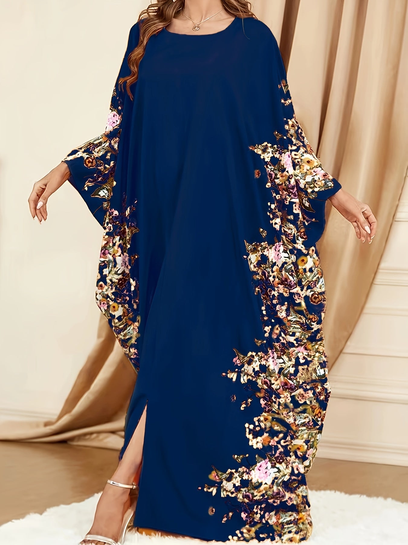 Elegant Floral Print Kaftan Abaya – Women’s Crew Neck Batwing Sleeve Maxi Dress with Side Slit