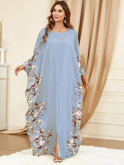 Elegant Floral Print Kaftan Abaya – Women’s Crew Neck Batwing Sleeve Maxi Dress with Side Slit