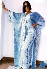 2PC Summer Chic: African Women's V-neck Polyester Printed - Top and Long Pants African Suit Flexi Africa www.flexiafrica.com
