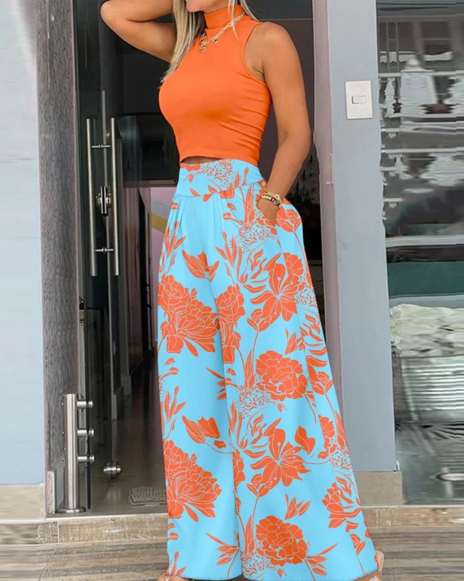 2PC Summer Women Mock Neck Sleeveless Crop Tank Top + Plants Print Wide Leg Pants Sets Female Suit Set Streetwear Outfits - Flexi Africa - Free Delivery Worldwide only at www.flexiafrica.com
