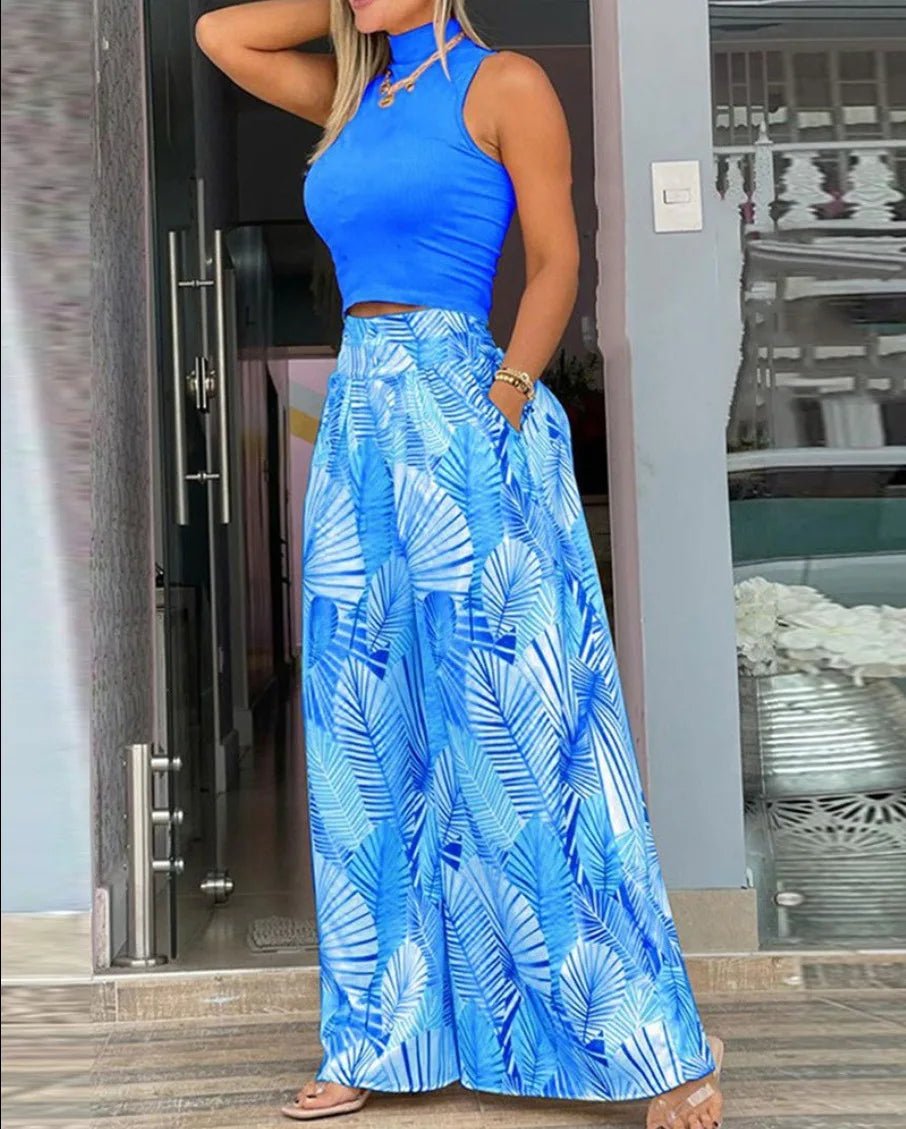 2PC Summer Women Mock Neck Sleeveless Crop Tank Top + Plants Print Wide Leg Pants Sets Female Suit Set Streetwear Outfits - Flexi Africa - Free Delivery Worldwide only at www.flexiafrica.com