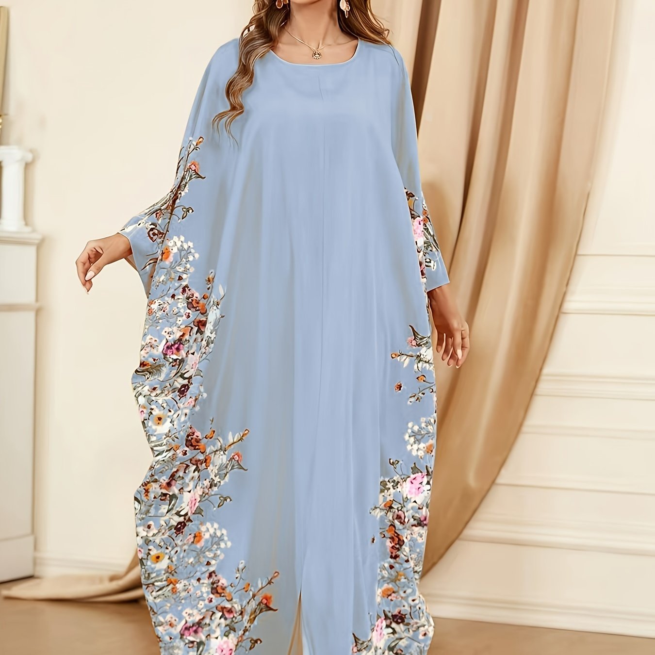 Elegant Floral Print Kaftan Abaya – Women’s Crew Neck Batwing Sleeve Maxi Dress with Side Slit