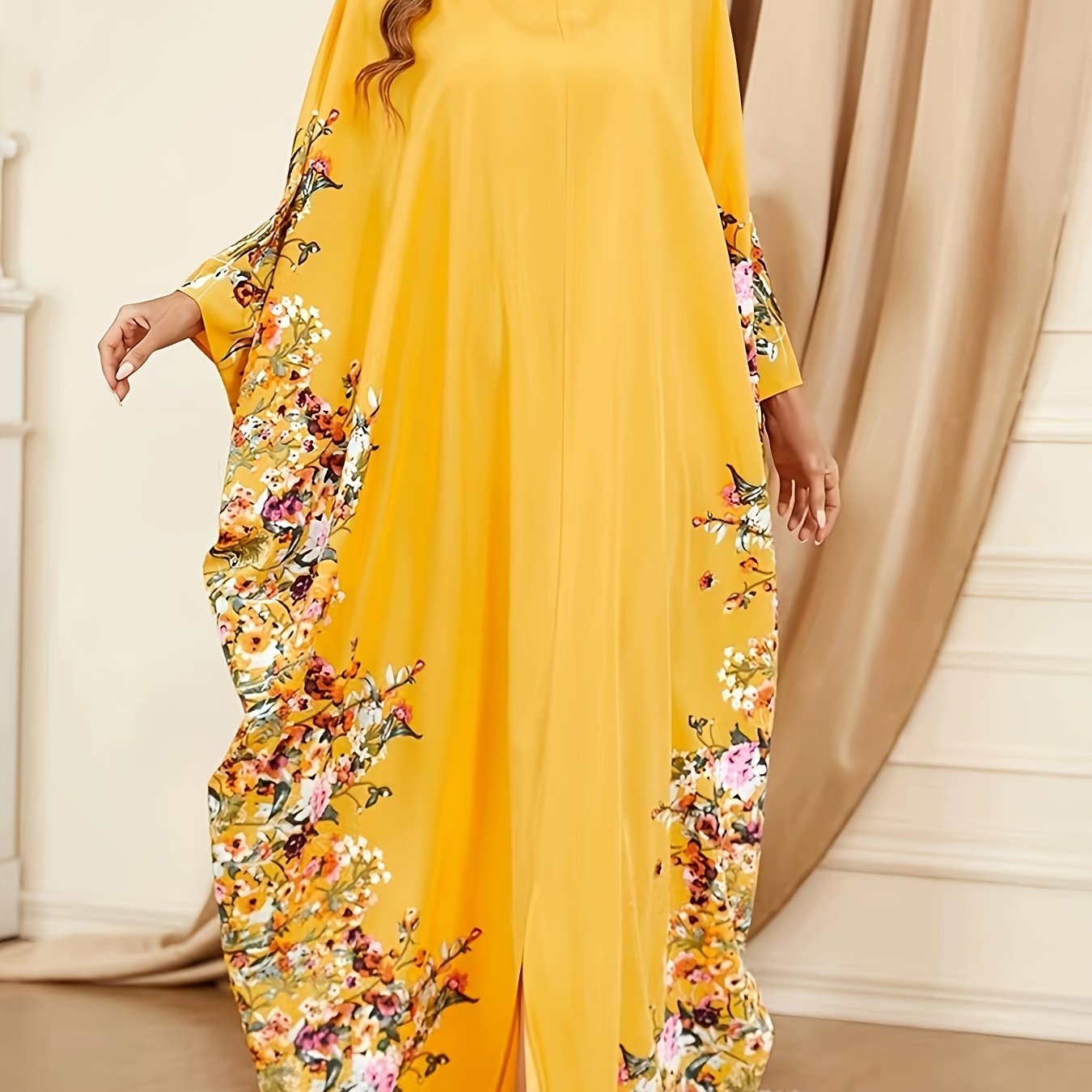 Elegant Floral Print Kaftan Abaya – Women’s Crew Neck Batwing Sleeve Maxi Dress with Side Slit