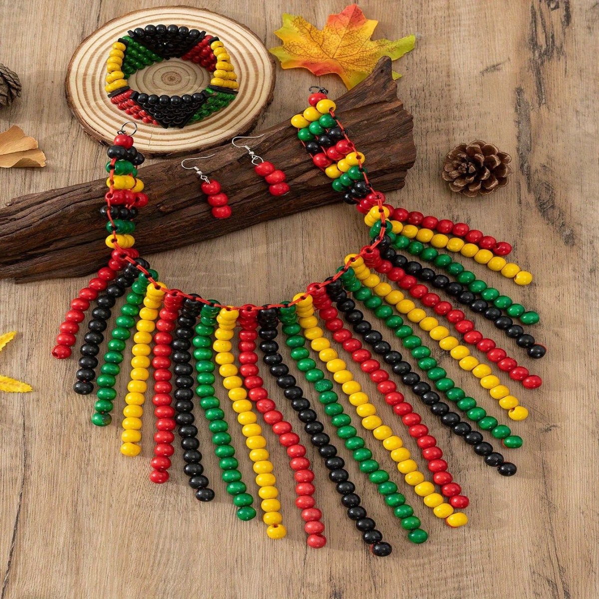 4PCS Earrings Necklace Plus Bracelet Boho Style Jewelry Colorful Wooden Beads Traditional Bridal Accessories - Free Delivery