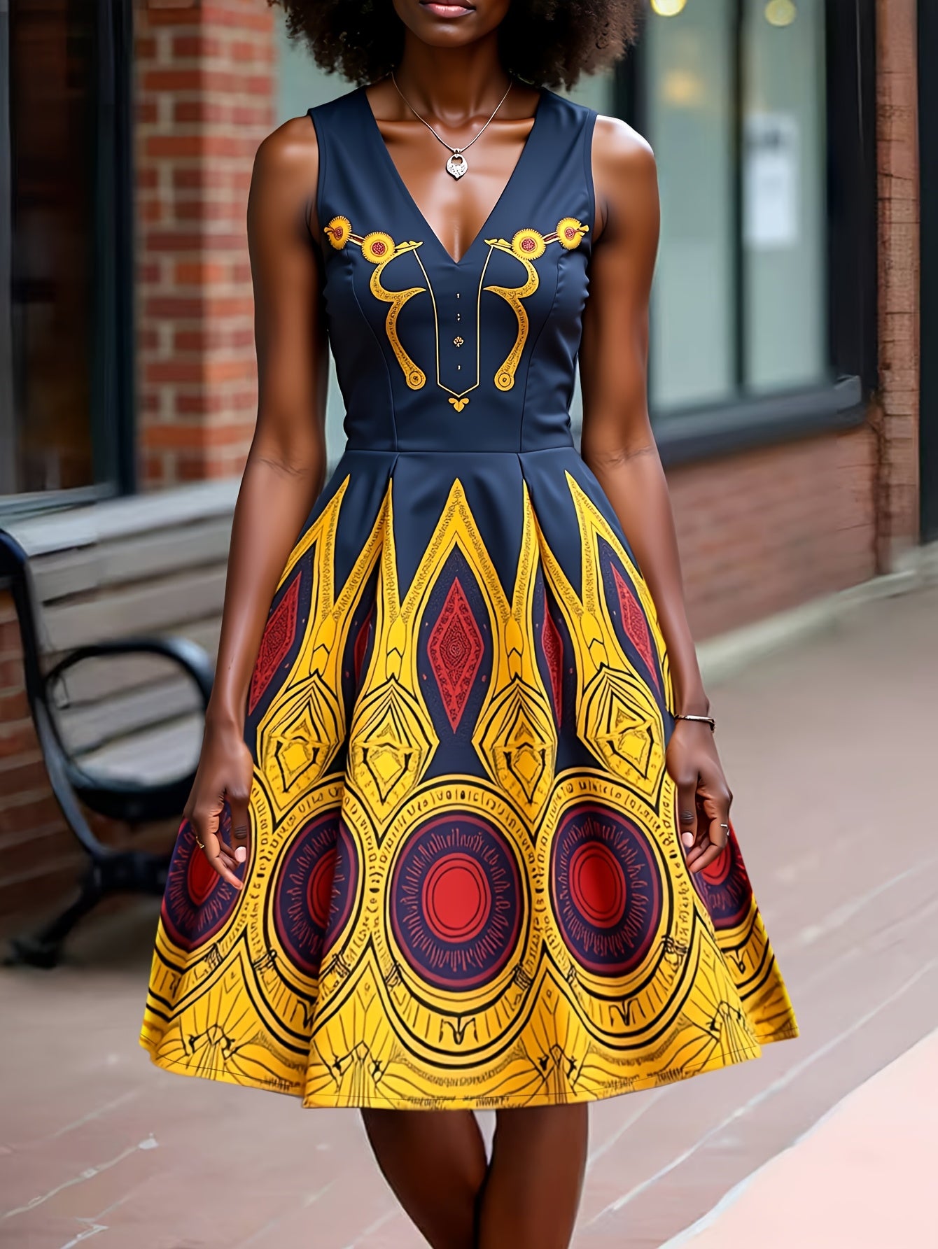 Curvy Fit Printed V - Neck Sleeveless Waist Dress - Free Delivery Worldwide only at Flexi Africa