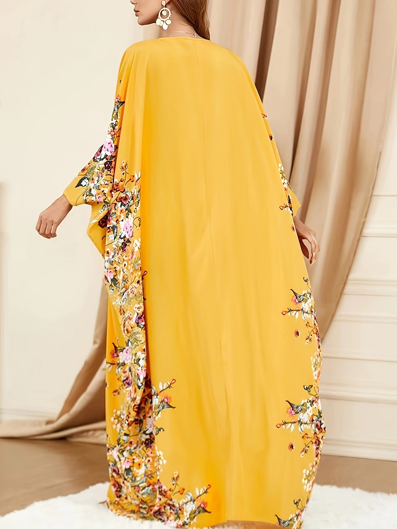 Elegant Floral Print Kaftan Abaya – Women’s Crew Neck Batwing Sleeve Maxi Dress with Side Slit