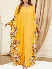 Elegant Floral Print Kaftan Abaya – Women’s Crew Neck Batwing Sleeve Maxi Dress with Side Slit
