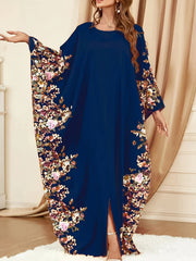 Elegant Floral Print Kaftan Abaya – Women’s Crew Neck Batwing Sleeve Maxi Dress with Side Slit