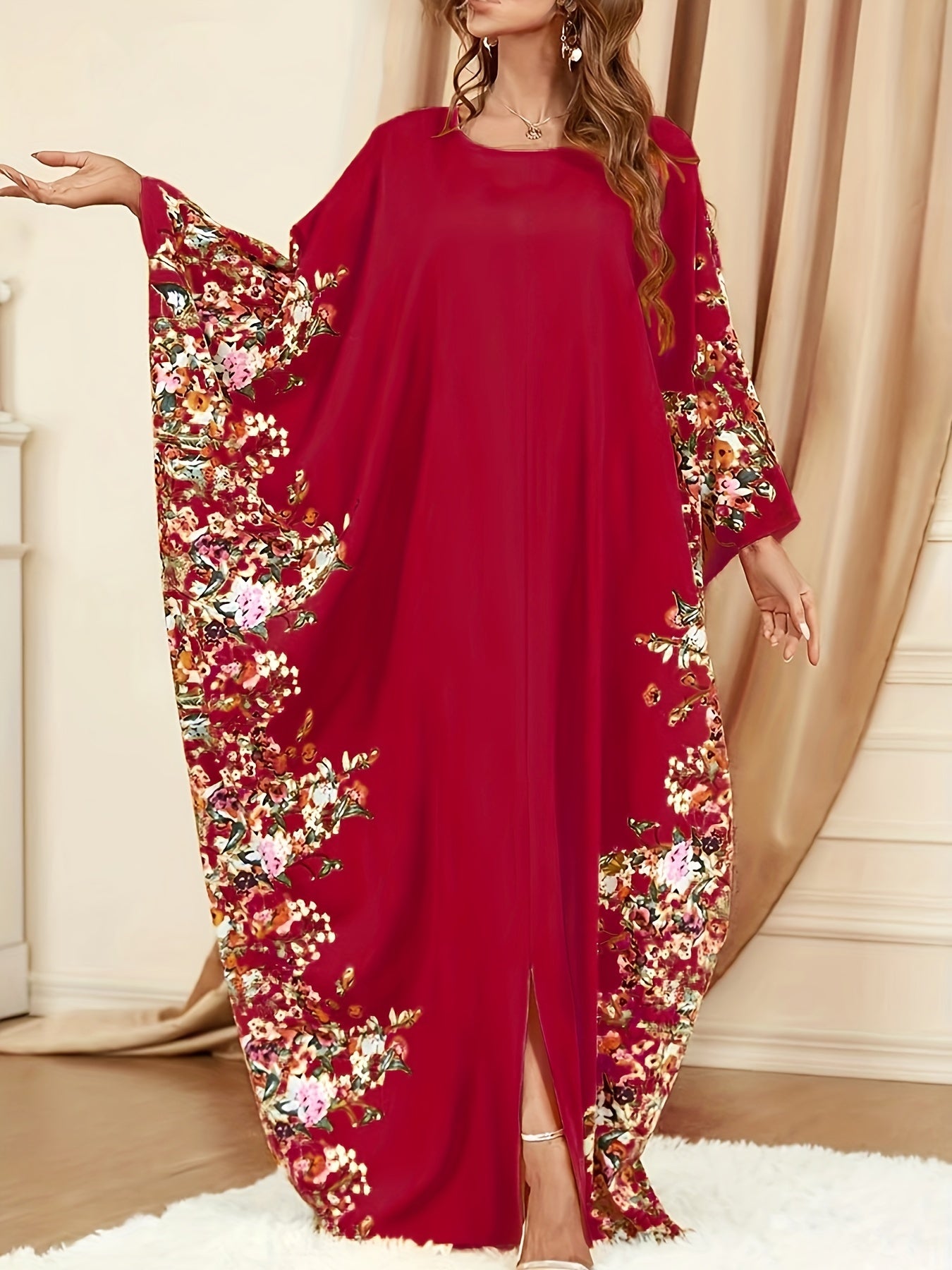 Elegant Floral Print Kaftan Abaya – Women’s Crew Neck Batwing Sleeve Maxi Dress with Side Slit