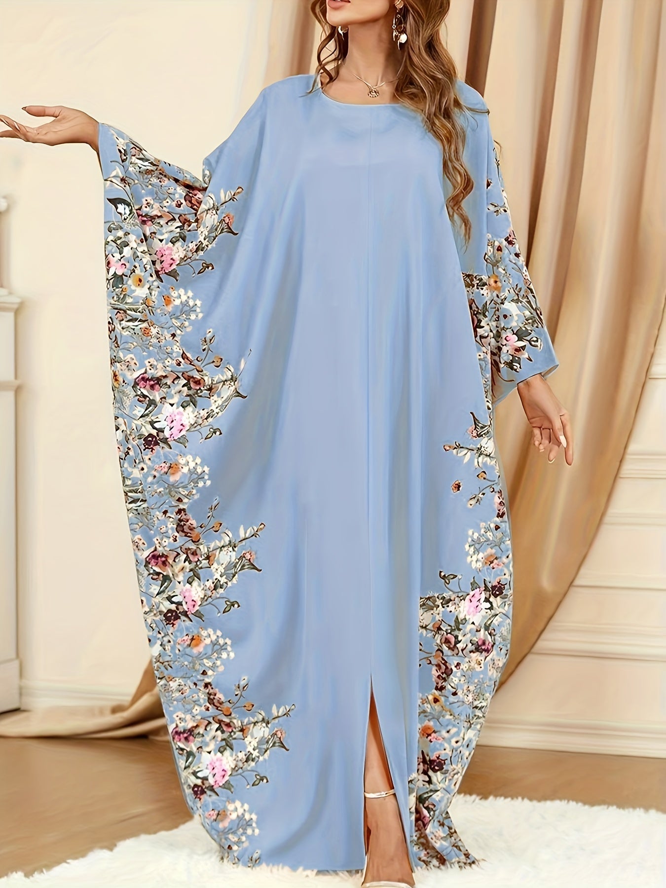 Elegant Floral Print Kaftan Abaya – Women’s Crew Neck Batwing Sleeve Maxi Dress with Side Slit