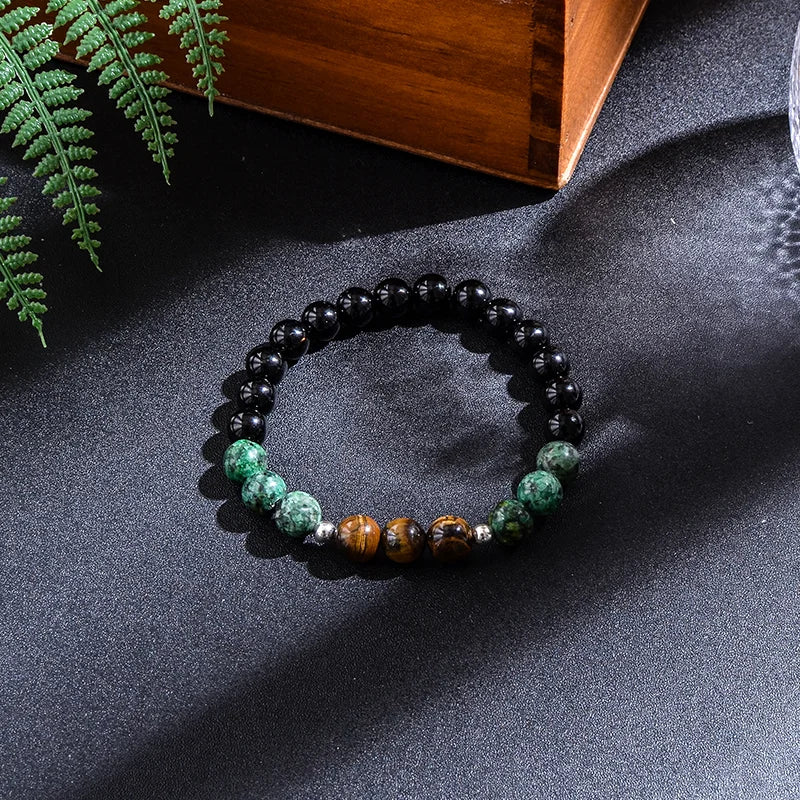 African Turquoise, Black Agate & Yellow Tiger Eye 108 Bead Mala – Necklace & Bracelet Set for Yoga & Prayer