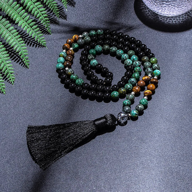 African Turquoise, Black Agate & Yellow Tiger Eye 108 Bead Mala – Necklace & Bracelet Set for Yoga & Prayer