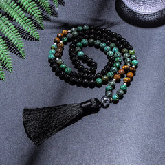 African Turquoise, Black Agate & Yellow Tiger Eye 108 Bead Mala – Necklace & Bracelet Set for Yoga & Prayer