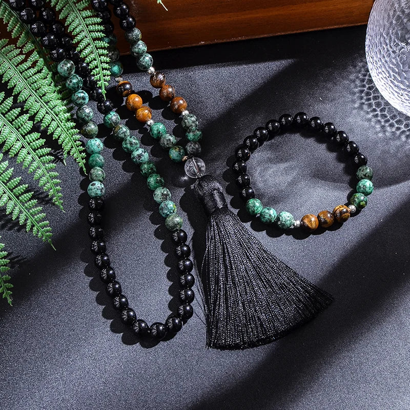 African Turquoise, Black Agate & Yellow Tiger Eye 108 Bead Mala – Necklace & Bracelet Set for Yoga & Prayer