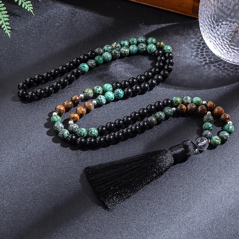 African Turquoise, Black Agate & Yellow Tiger Eye 108 Bead Mala – Necklace & Bracelet Set for Yoga & Prayer