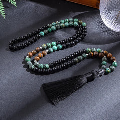 African Turquoise, Black Agate & Yellow Tiger Eye 108 Bead Mala – Necklace & Bracelet Set for Yoga & Prayer