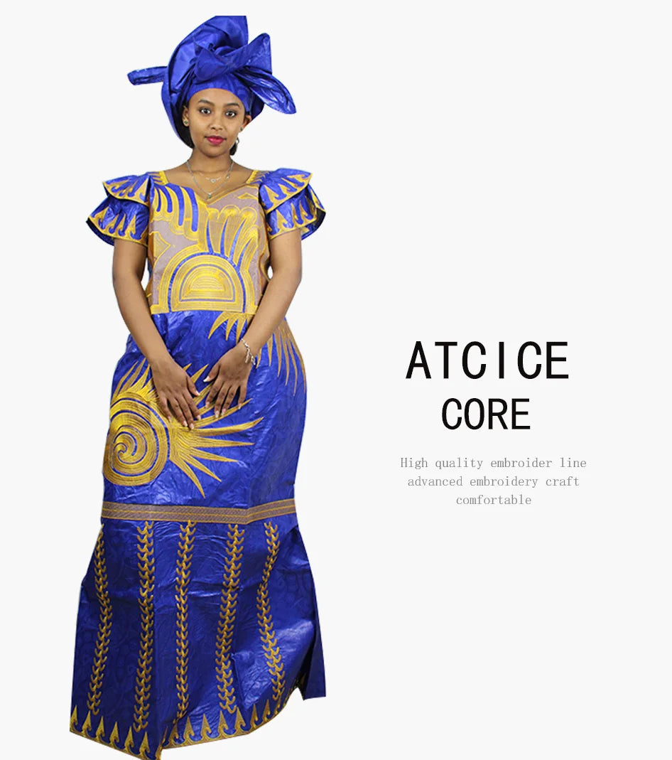 African Dresses for Women – Fashionable Long Dress with Embroidery Design & Matching Scarf - Free Delivery Worldwide only at Flexi Africa