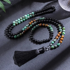 African Turquoise, Black Agate & Yellow Tiger Eye 108 Bead Mala – Necklace & Bracelet Set for Yoga & Prayer
