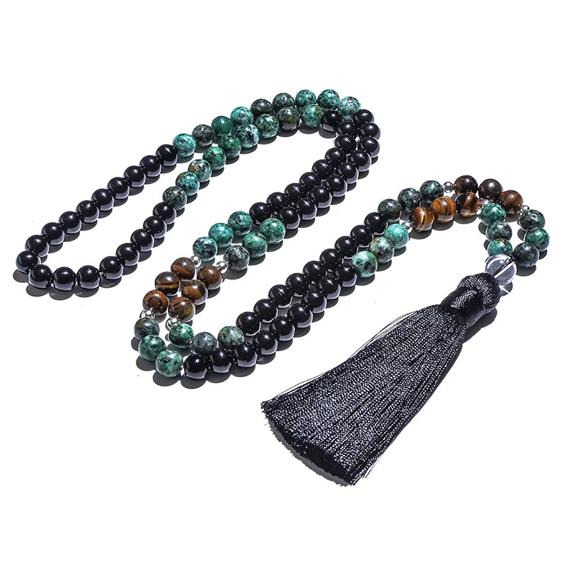 African Turquoise, Black Agate & Yellow Tiger Eye 108 Bead Mala – Necklace & Bracelet Set for Yoga & Prayer