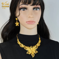 Gold-Plated Jewelry Set: Exquisite 24K Gold-Colored Necklace and Earrings for African Bridal Wear at Nigerian Wedding