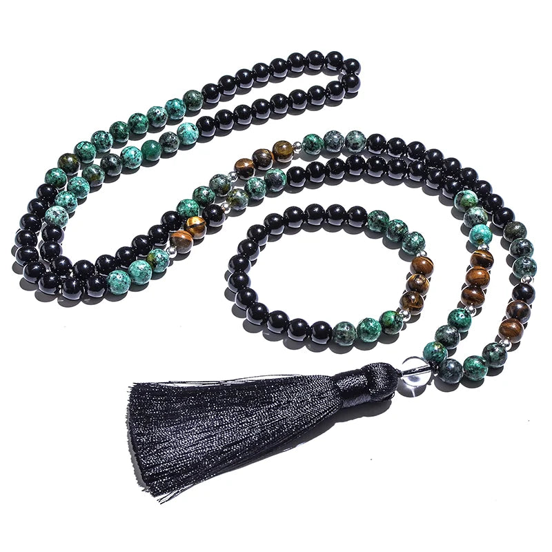African Turquoise, Black Agate & Yellow Tiger Eye 108 Bead Mala – Necklace & Bracelet Set for Yoga & Prayer