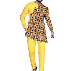 Man wearing a yellow outfit with a patterned shirt on a white background