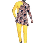 Person wearing a yellow outfit with a patterned shirt on a white background
