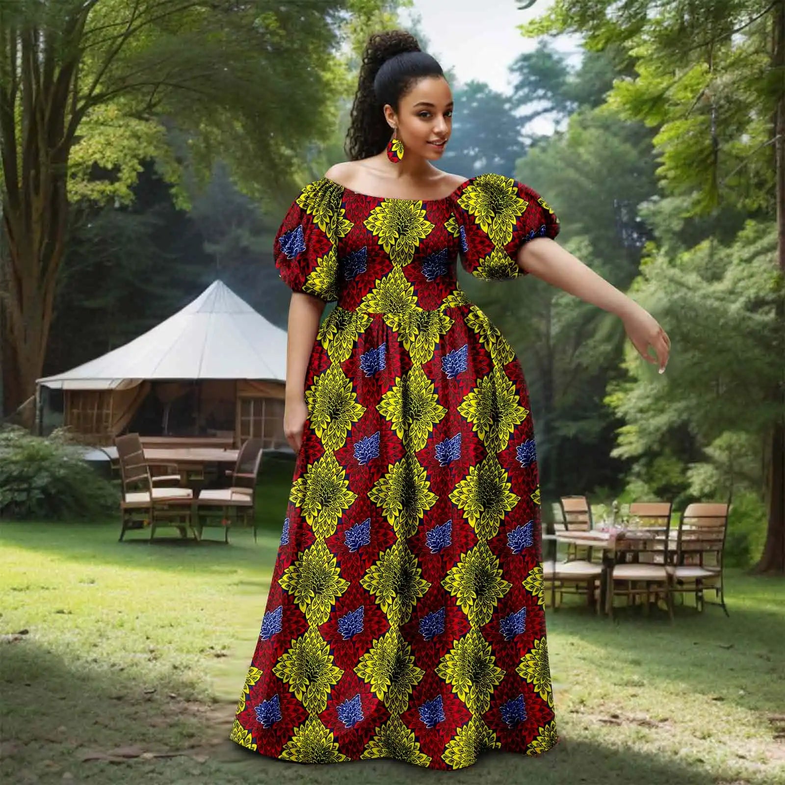 African Women’s Strapless Dress with Bubble Sleeves & Matching Earrings