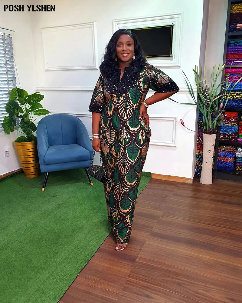 Buy Luxury African Long Gown – Sequin Embellished Caftan Dress with Floral Print and Slit for only $61.49 at Flexi Africa!
