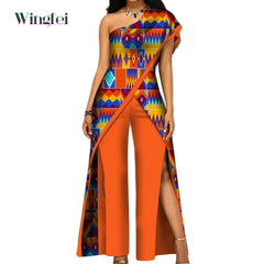 2PC African Women’s Ankara Pant Set – Stylish Off-Shoulder Top and Trousers