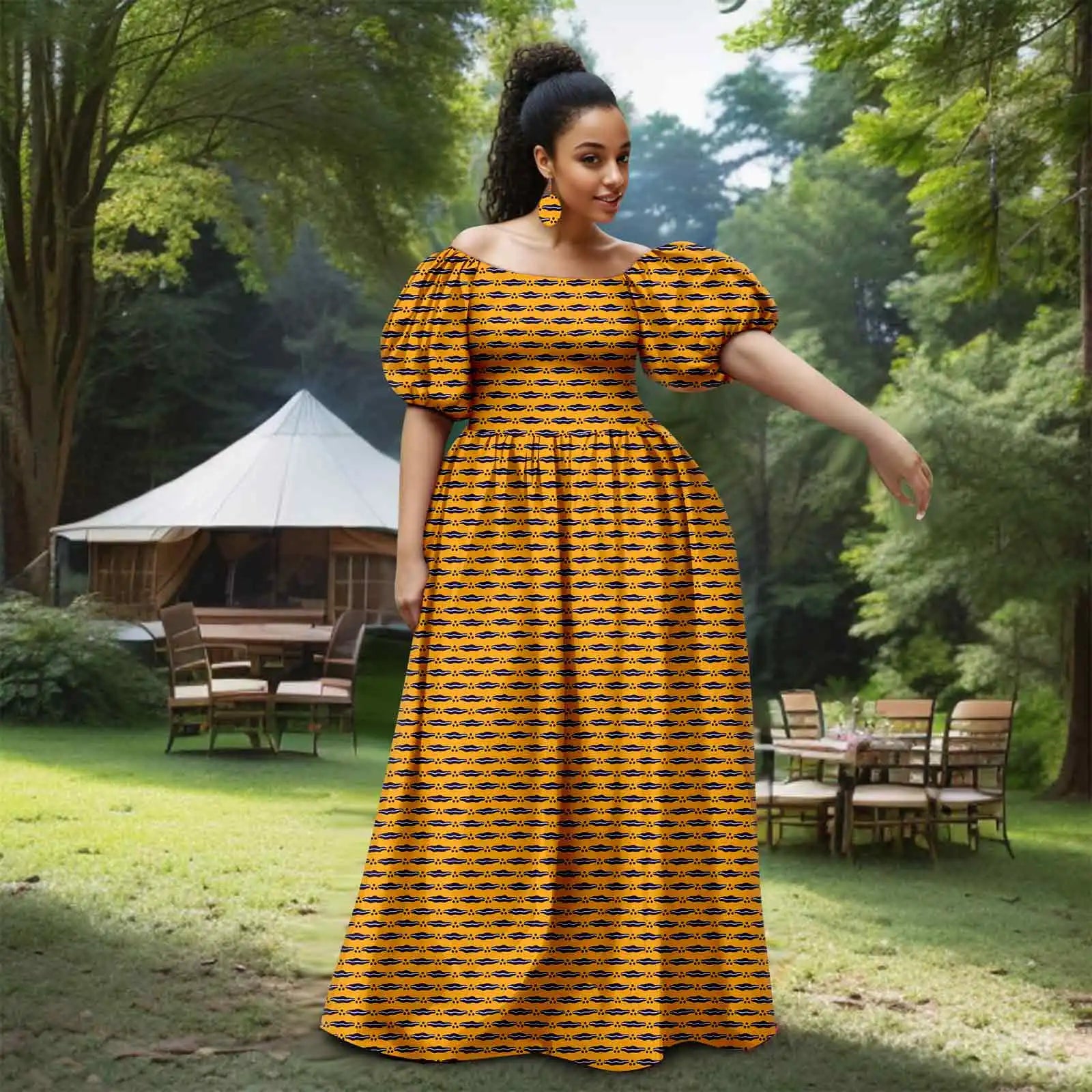African Women’s Strapless Dress with Bubble Sleeves & Matching Earrings