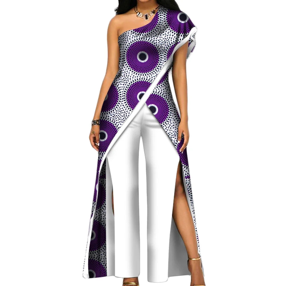 2PC African Women’s Ankara Pant Set – Stylish Off-Shoulder Top and Trousers