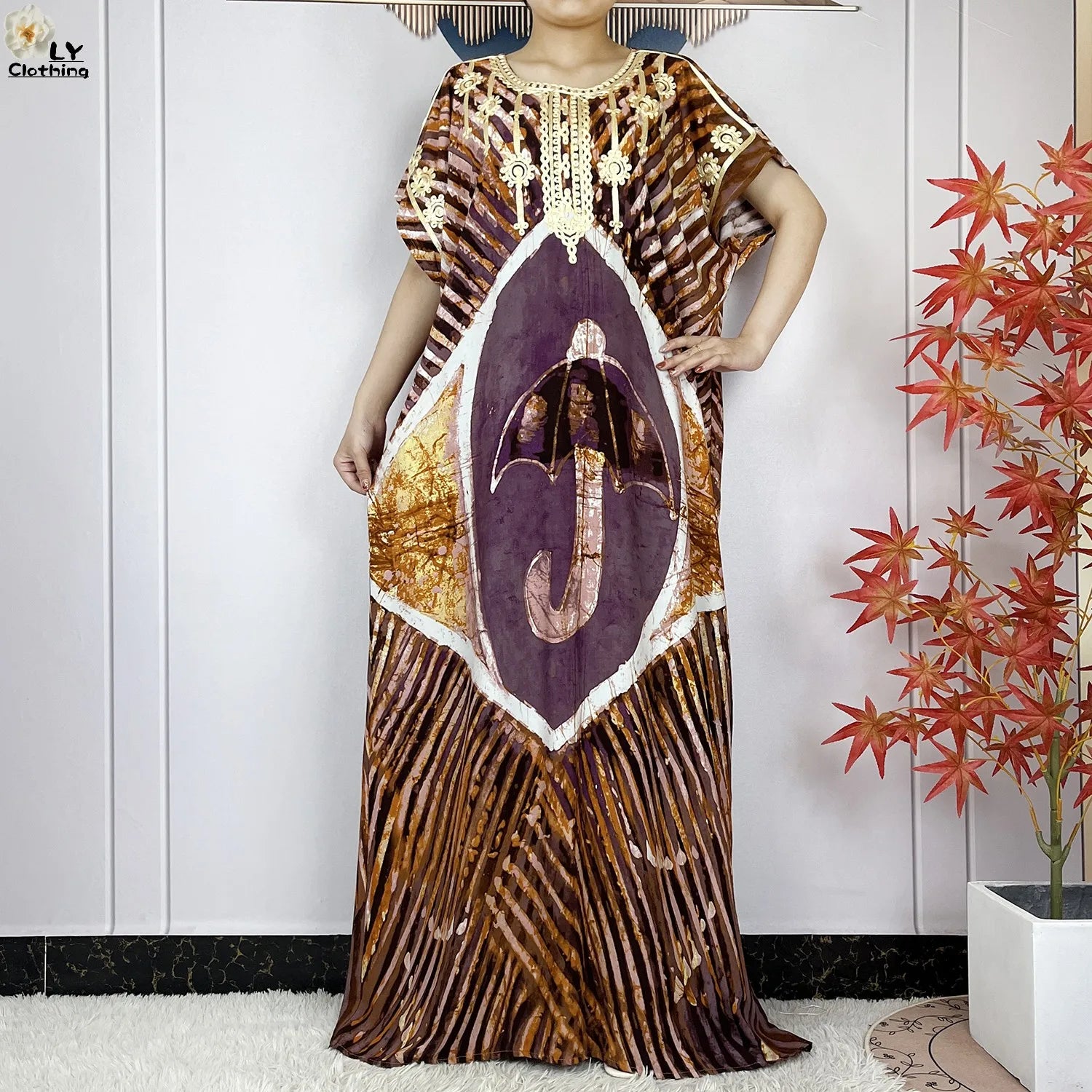 Elegant African Style Cotton Abaya Dress for Women with Patterned Print - Loose Fit Short Sleeve Muslim Rob