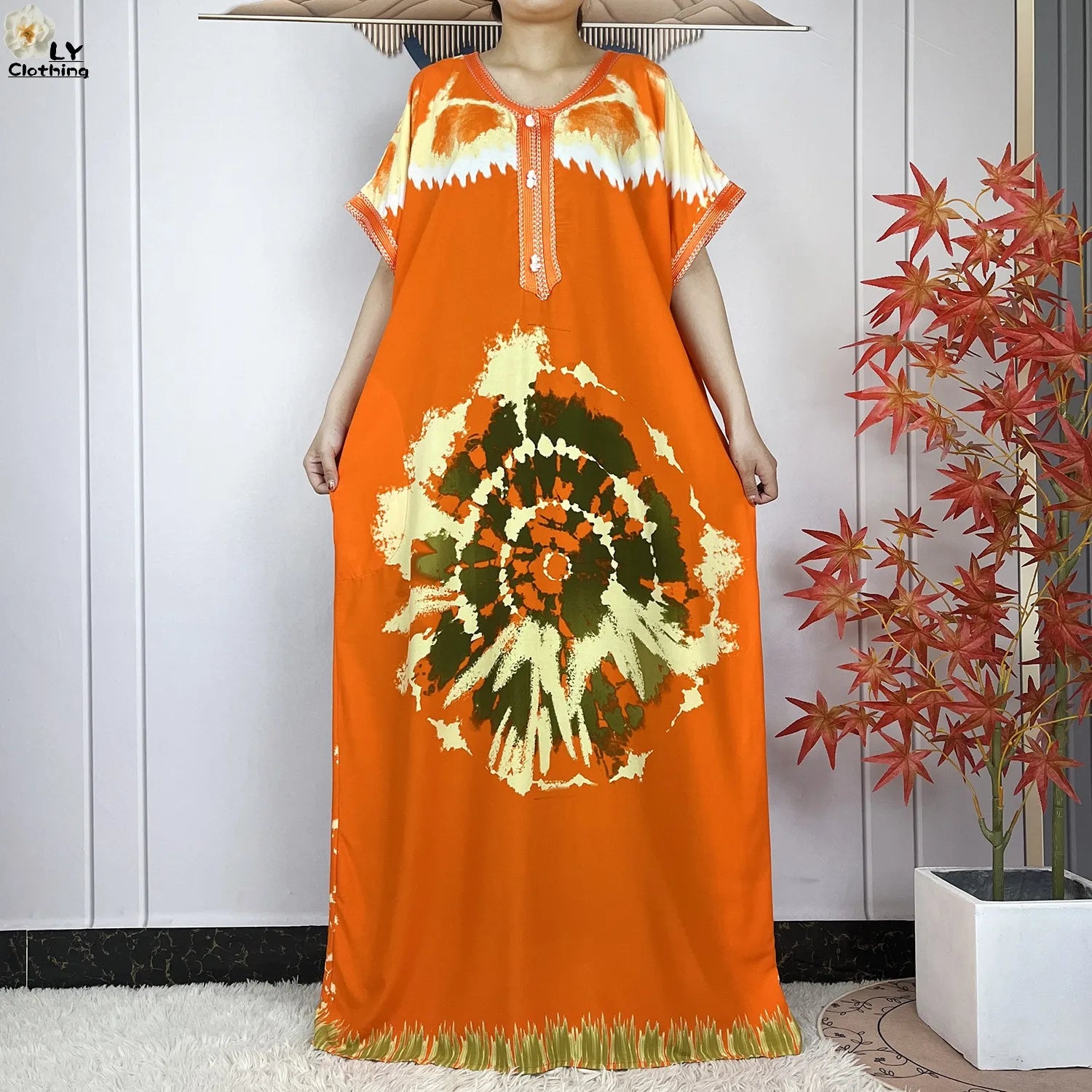 Elegant African Style Cotton Abaya Dress for Women with Patterned Print - Loose Fit Short Sleeve Muslim Rob