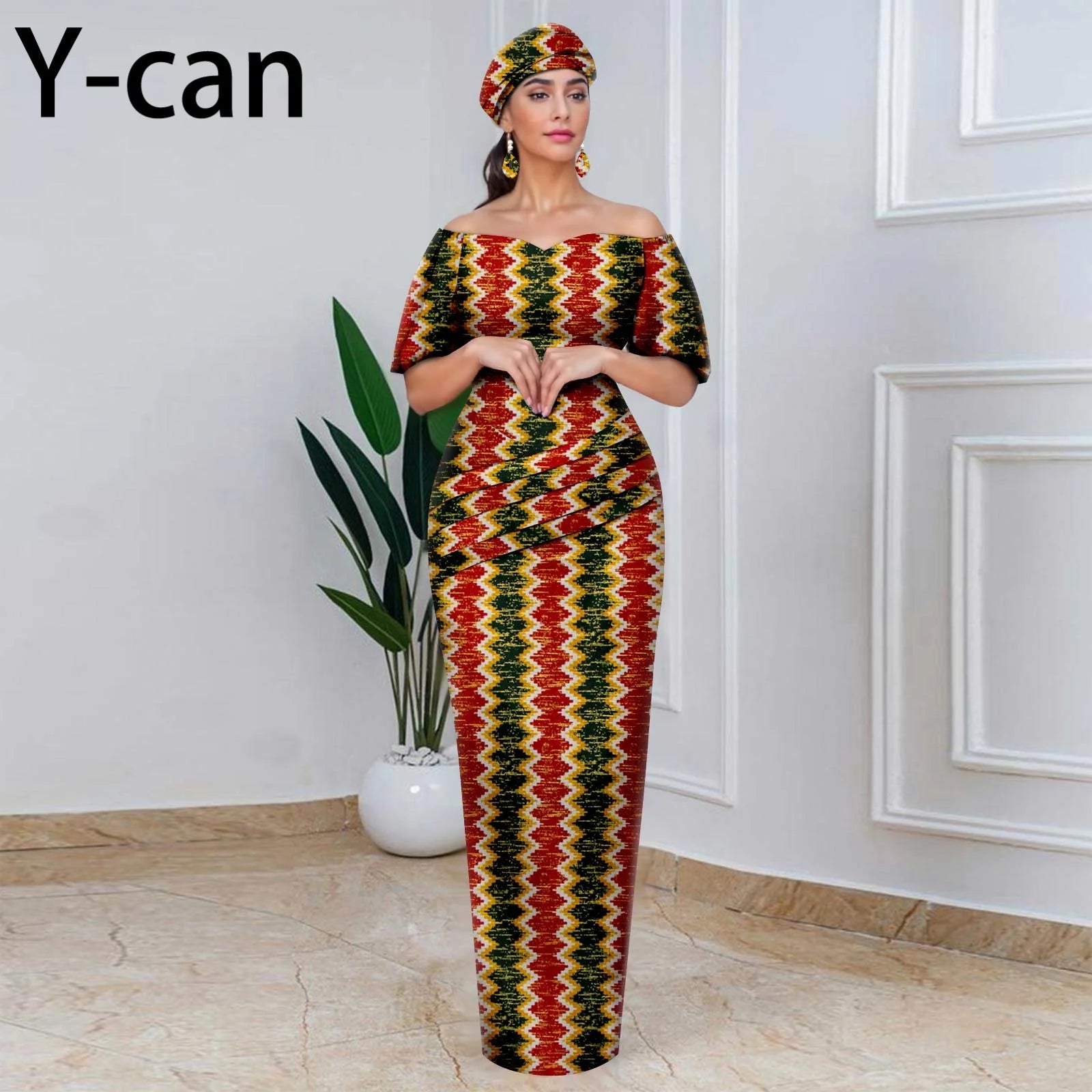Elegant African Off-Shoulder Maxi Dress with Matching Headscarf & Earrings