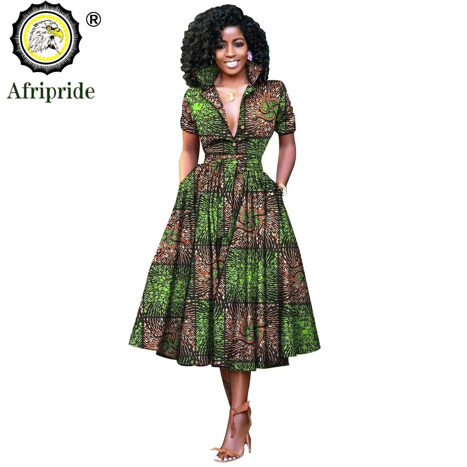 African Women’s Dress – Elegant V-Neck Short Sleeve High-Waist Formal Dress