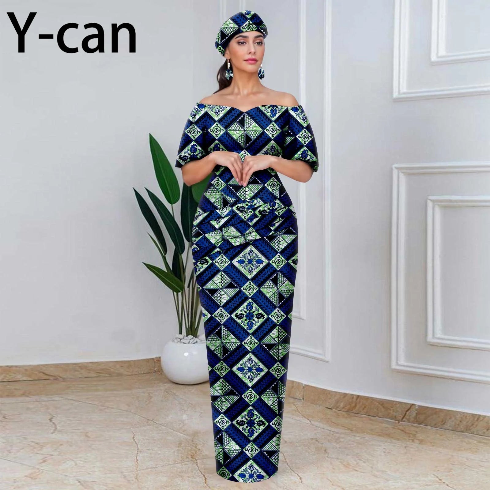 Elegant African Off-Shoulder Maxi Dress with Matching Headscarf & Earrings